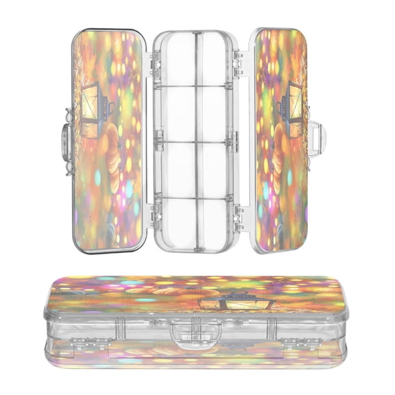 Plastic Pencil Box Large Capacity Pencil Boxes Clear Boxes with Snap-Tight Lid Stylish Office Supplies Storage Organizer Box Colorful Lights with Pumpkins