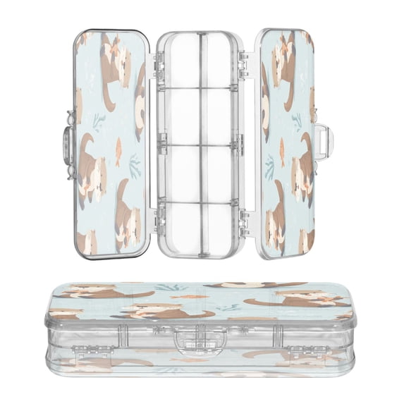 Plastic Pencil Box Large Capacity Pencil Boxes Clear Boxes with Snap-Tight Lid Stylish Office Supplies Storage Organizer Box Cute Otters in Various Poses