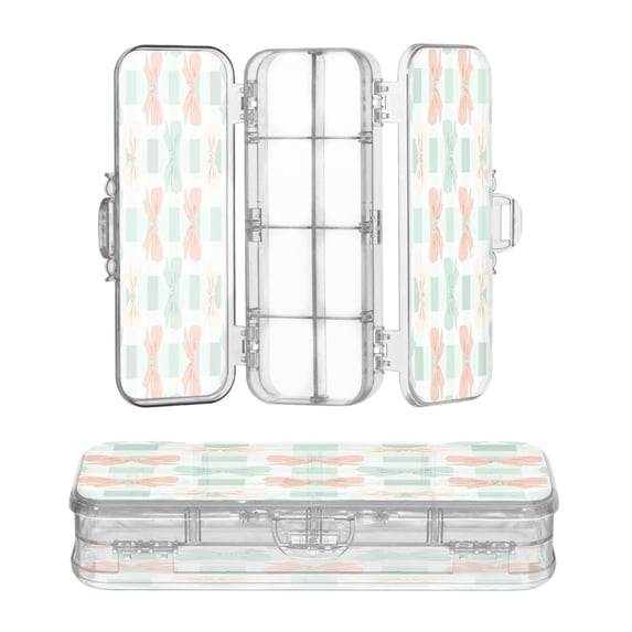 Plastic Pencil Box Large Capacity Pencil Boxes Clear Boxes with Snap-Tight Lid Stylish Office Supplies Storage Organizer Box Green and Peach Bow Pattern