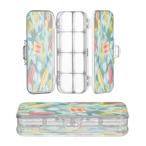 Plastic Pencil Box Large Capacity Pencil Boxes Clear Boxes with Snap-Tight Lid Stylish Office Supplies Storage Organizer Box Popsicles and Fruit Slices