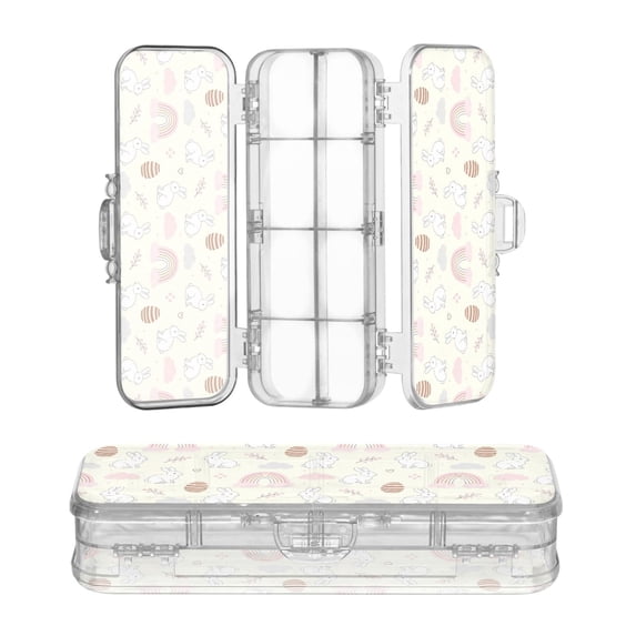 Plastic Pencil Box Large Capacity Pencil Boxes Clear Boxes with Snap-Tight Lid Stylish Office Supplies Storage Organizer Box Rainbow and Rabbit Pattern