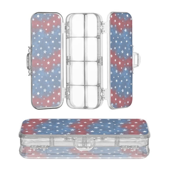 Plastic Pencil Box Large Capacity Pencil Boxes Clear Boxes with Snap-Tight Lid Stylish Office Supplies Storage Organizer Box Red White and Blue Stars Pattern
