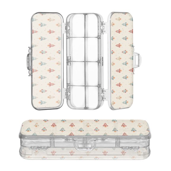Plastic Pencil Box Large Capacity Pencil Boxes Clear Boxes with Snap-Tight Lid Stylish Office Supplies Storage Organizer Box Rocket with Flames Pattern