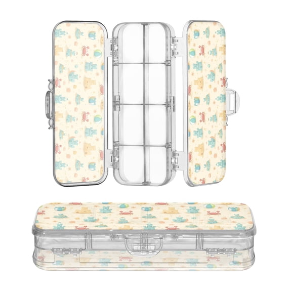 Plastic Pencil Box Large Capacity Pencil Boxes Clear Boxes with Snap-Tight Lid Stylish Office Supplies Storage Organizer Box Sandcastles and Crabs Pattern