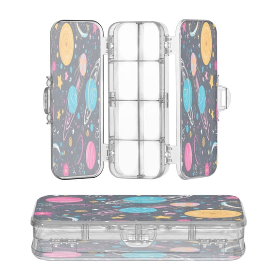 Plastic Pencil Box Large Capacity Pencil Boxes Clear Boxes with Snap-Tight Lid Stylish Office Supplies Storage Organizer Box Stars and Planets Pattern