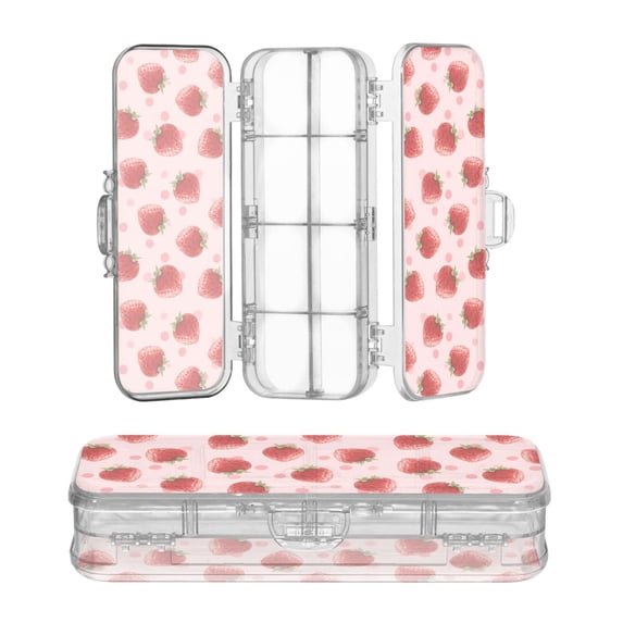 Plastic Pencil Box Large Capacity Pencil Boxes Clear Boxes with Snap-Tight Lid Stylish Office Supplies Storage Organizer Box Strawberry and Pink Polka