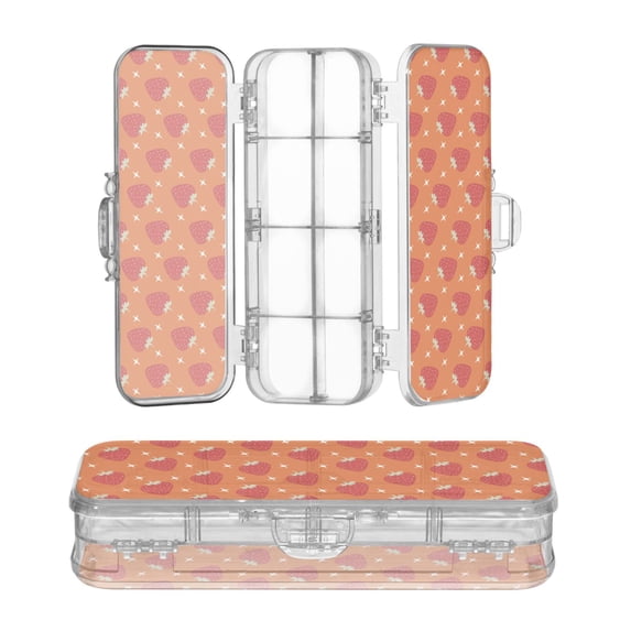 Plastic Pencil Box Large Capacity Pencil Boxes Clear Boxes with Snap-Tight Lid Stylish Office Supplies Storage Organizer Box Strawberry and White Stars Pattern