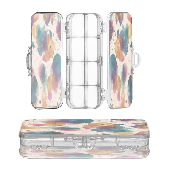 Plastic Pencil Box Large Capacity Pencil Boxes Clear Boxes with Snap-Tight Lid Stylish Office Supplies Storage Organizer Box Teal and Orange Abstract Shapes