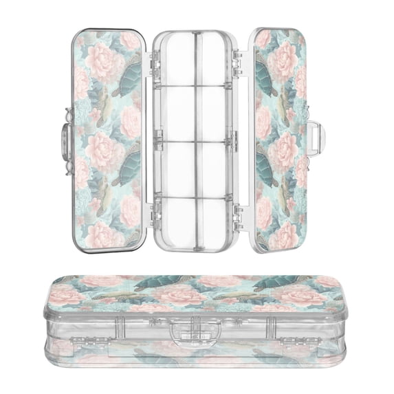 Plastic Pencil Box Large Capacity Pencil Boxes Clear Boxes with Snap-Tight Lid Stylish Office Supplies Storage Organizer Box Turtles with Pink Flowers