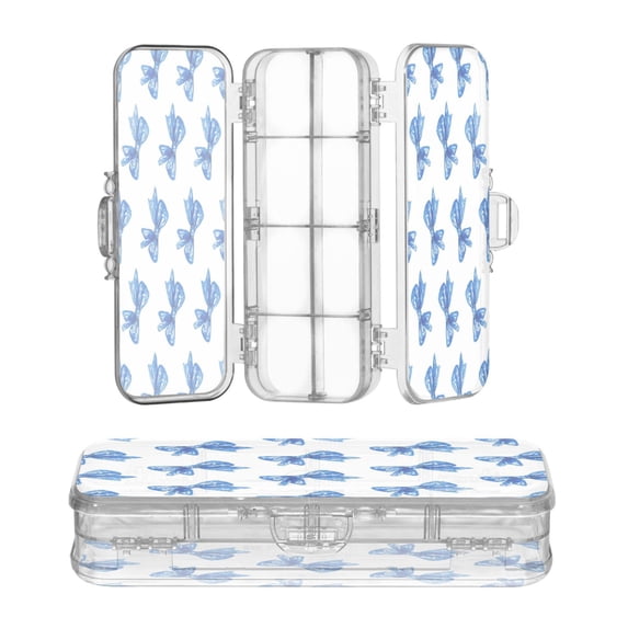 Plastic Pencil Box Large Capacity Pencil Boxes Clear Boxes with Snap-Tight Lid Stylish Office Supplies Storage Organizer Box Blue Bows Pattern
