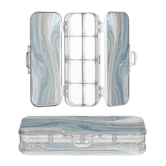 Plastic Pencil Box Large Capacity Pencil Boxes Clear Boxes with Snap-Tight Lid Stylish Office Supplies Storage Organizer Box Blue and Gold Swirling
