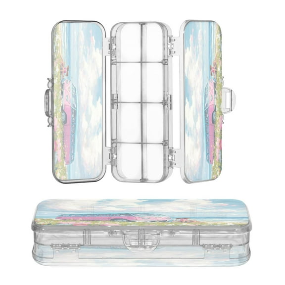 Plastic Pencil Box Large Capacity Pencil Boxes Clear Boxes with Snap-Tight Lid Stylish Office Supplies Storage Organizer Box Cartoon-style Retro Bus