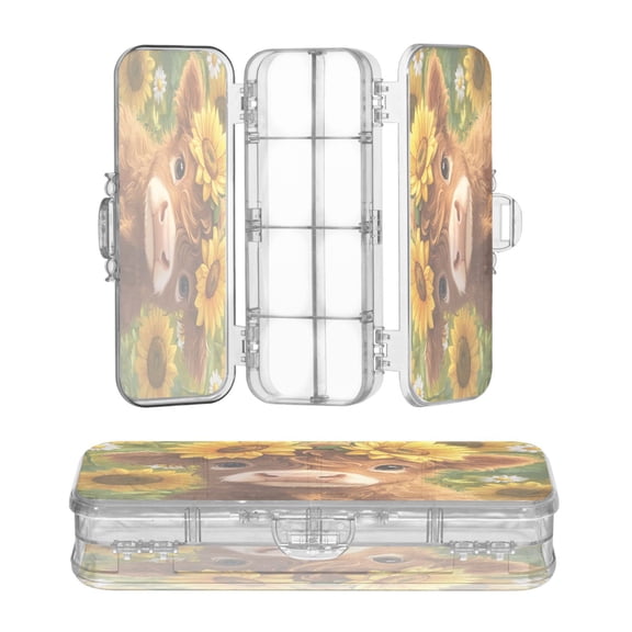 Plastic Pencil Box Large Capacity Pencil Boxes Clear Boxes with Snap-Tight Lid Stylish Office Supplies Storage Organizer Box Cute Highland Cow