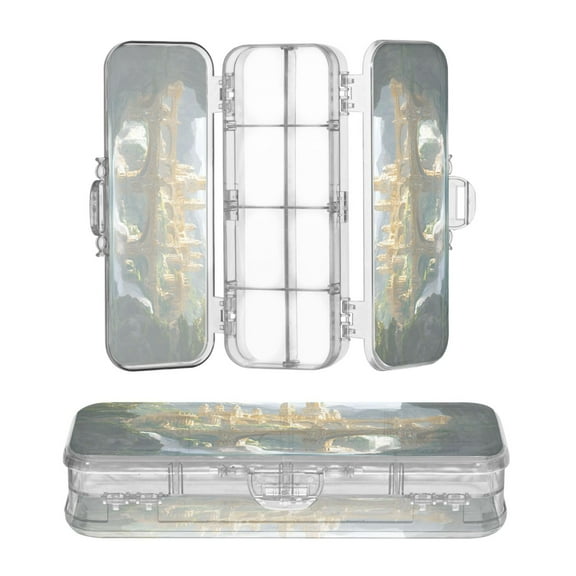 Plastic Pencil Box Large Capacity Pencil Boxes Clear Boxes with Snap-Tight Lid Stylish Office Supplies Storage Organizer Box Fantasy City Bridge
