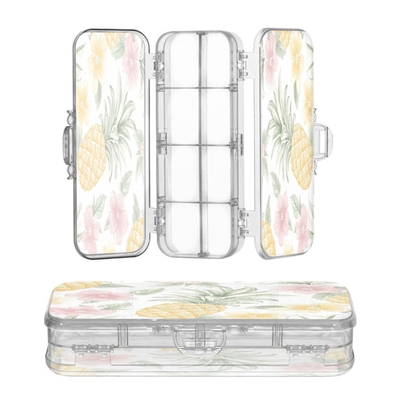 Plastic Pencil Box Large Capacity Pencil Boxes Clear Boxes with Snap-Tight Lid Stylish Office Supplies Storage Organizer Box Floral Pineapple Pattern
