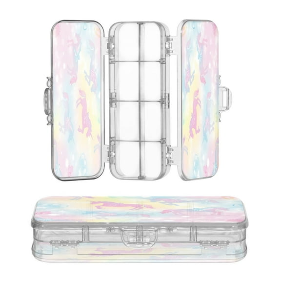 Plastic Pencil Box Large Capacity Pencil Boxes Clear Boxes with Snap-Tight Lid Stylish Office Supplies Storage Organizer Box Pastel Unicorns and Bows