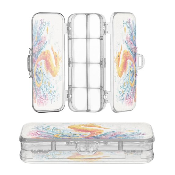 Plastic Pencil Box Large Capacity Pencil Boxes Clear Boxes with Snap-Tight Lid Stylish Office Supplies Storage Organizer Box Seahorse and Coral