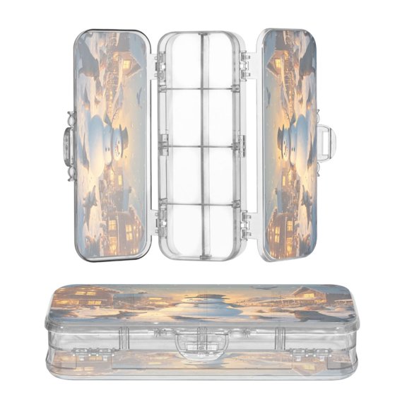 Plastic Pencil Box Large Capacity Pencil Boxes Clear Boxes with Snap-Tight Lid Stylish Office Supplies Storage Organizer Box Snowman and Animals