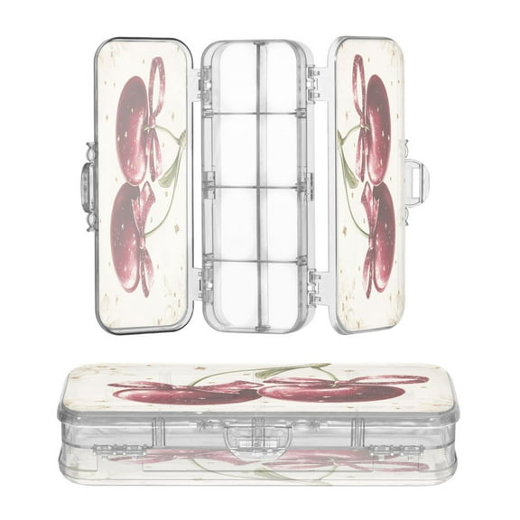 Plastic Pencil Box Large Capacity Pencil Boxes Clear Boxes with Snap-Tight Lid Stylish Office Supplies Storage Organizer Box Two Cherries with Bows