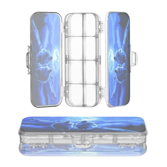 Plastic Pencil Box Large Capacity Pencil Boxes Clear Boxes with Snap-Tight Lid Stylish Office Supplies Storage Organizer Box Two Howling Wolves