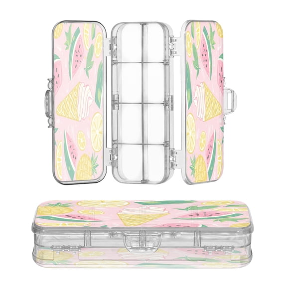 Plastic Pencil Box Large Capacity Pencil Boxes Clear Boxes with Snap-Tight Lid Stylish Office Supplies Storage Organizer Box Watermelon Pineapple