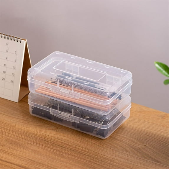 Plastic Pencil Case Box Clear Solid Color Casual Large Storage Boxes Containers with Buckles for Office Black 7.9 In