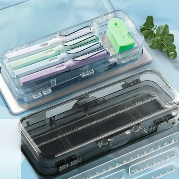Plastic Pencil Case Organizer Box | Double Layer Transparent Storage | 6 Adjustable Compartments with 4 Removable Ruler Dividers | 21x8x4.5cm | White or Black | 275g | 1 Pack