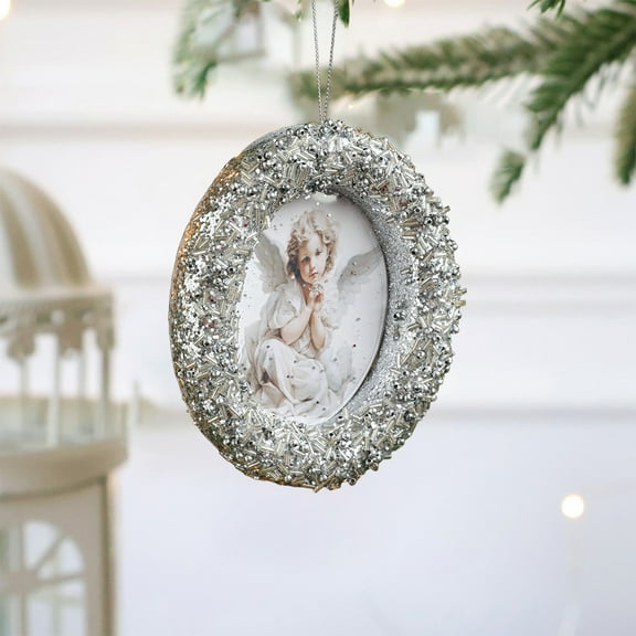 Oval Silver Glitter Photoframe Christmas Tree Ornament Christmas Picture Ornaments 5.31x4.33x0.86" Picture Frames for Christmas Tree Decorations JASKFLY