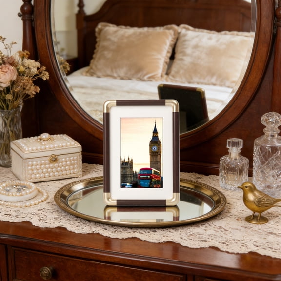 Plastic Photo Frame with Imitation Copper Corner Solid Wood Texture, Tabletop and Wall Mount Picture Frame for Home Decor, Living Room Bedroom Office Display