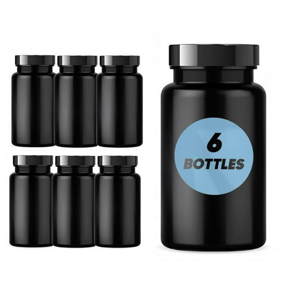 Plastic Pill Bottle 6 Pack Dark Amber Container with Smooth Black Lid, 38-400 Neck, 120 cc Capacity