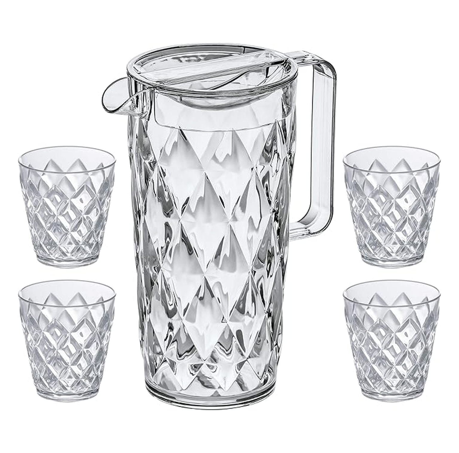 Plastic Pitcher & Glasses Set - Water, Juice, Iced Tea Carafe - Wedding, Party, Restaurant Drinkware - Stackable & Insulated