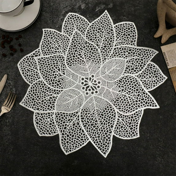 Plastic Placemats, Scandinavian Placemats Flower-Shaped Irregular Western Placemats Heterosexual Coasters Pvc Waterproof Anti-Scald Hollow Insulation Mat Placemats for Round Table(14.96" circle)