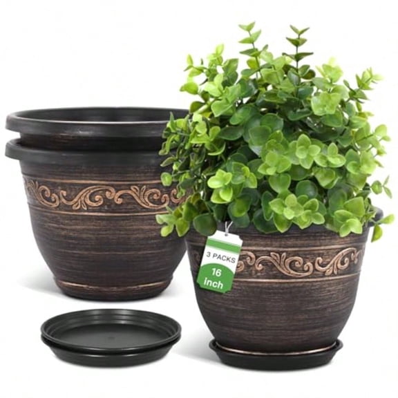 Plastic-Plant-Flower-Planters-16 Inch with Drainage Hole Saucer 3 Packs Lightweight Small Resin Flower Pot Indoor Outdoor Retro Antique Imitation Decorative Garden Containers Sets for Houseplants