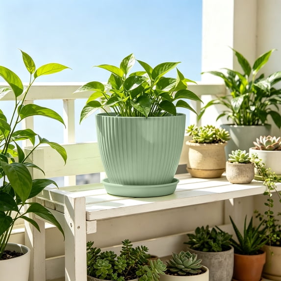 Plastic Plant Pot with Drainage Tray and Saucer, Small Round Container for Indoor Outdoor Succulents, Houseplants, and Herbs, Thickened Lightweight Design