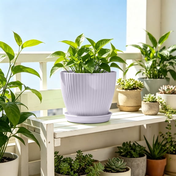 Plastic Plant Pot with Drainage Tray and Saucer, Small Round Container for Indoor Outdoor Succulents, Houseplants, and Herbs, Thickened Lightweight Design