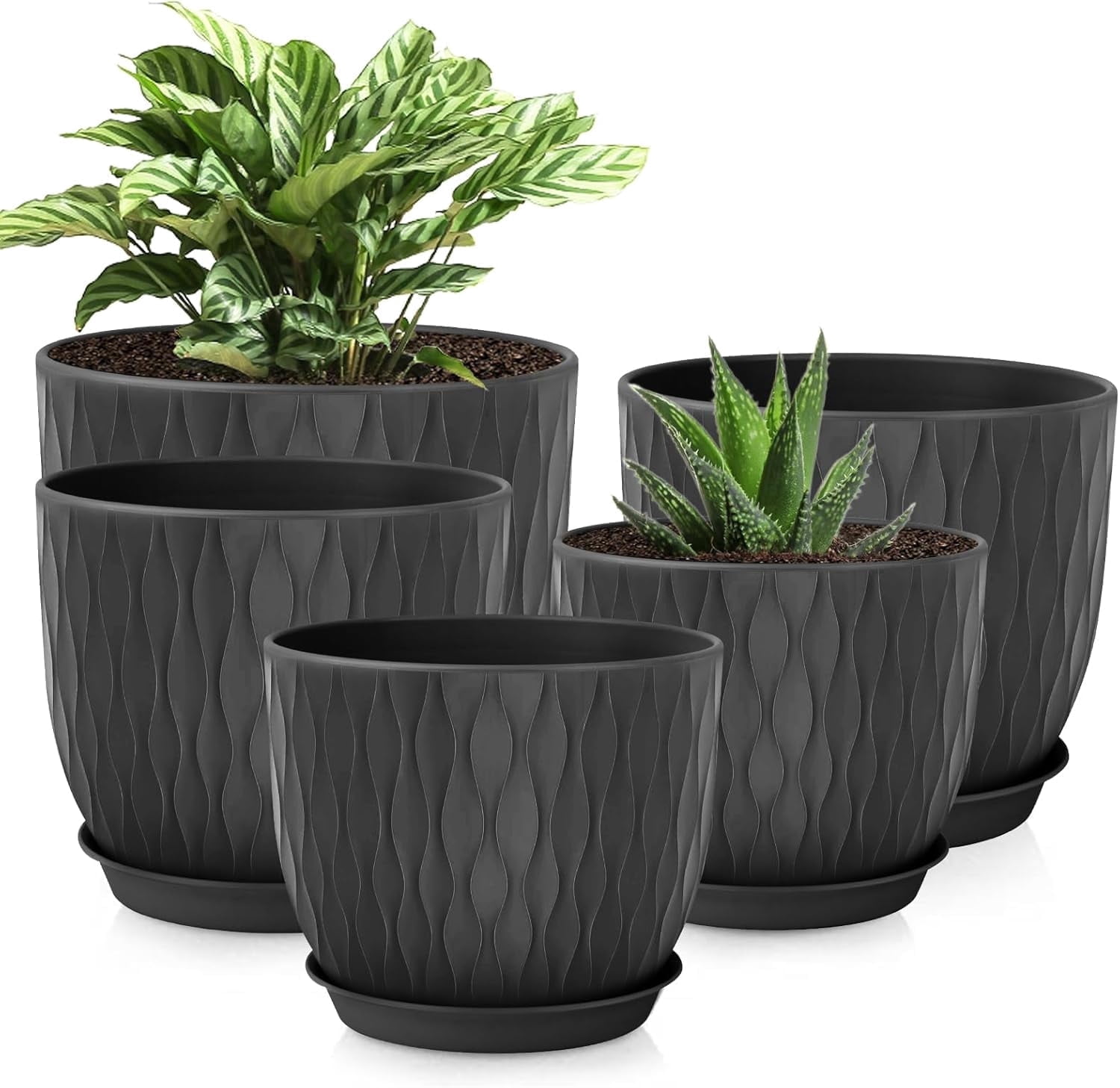 Set of 5 Plastic Plant Pots, 10 9 8 7.5 7 Inch Flower Planters with Drainage & Saucers, Black