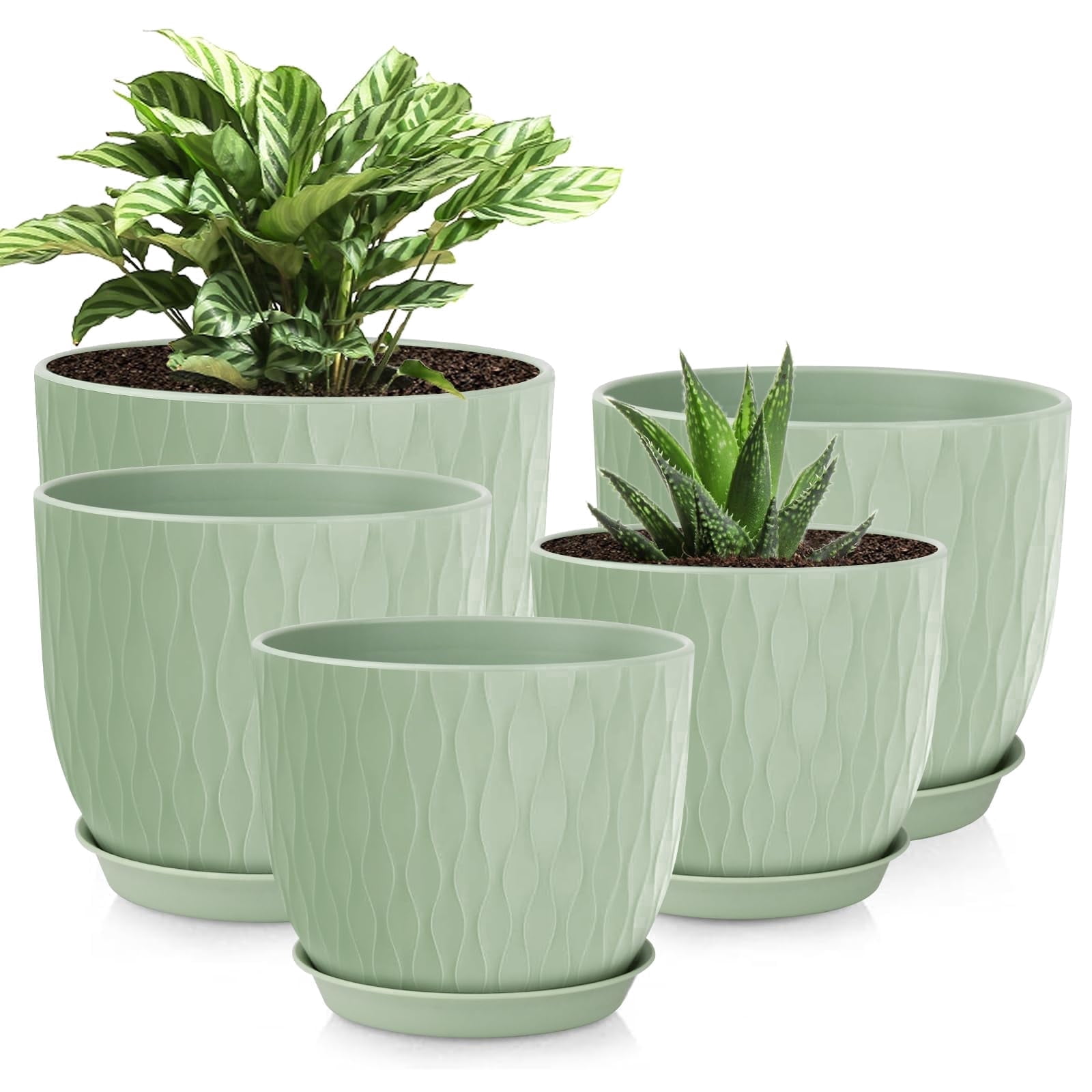 Plastic Plant Pots 10/9/8/7.5/7 inch Set of 5, Flower Planters with Drainage Holes and Saucers, Plastic Pots for Indoor Outdoor Plants(Green)