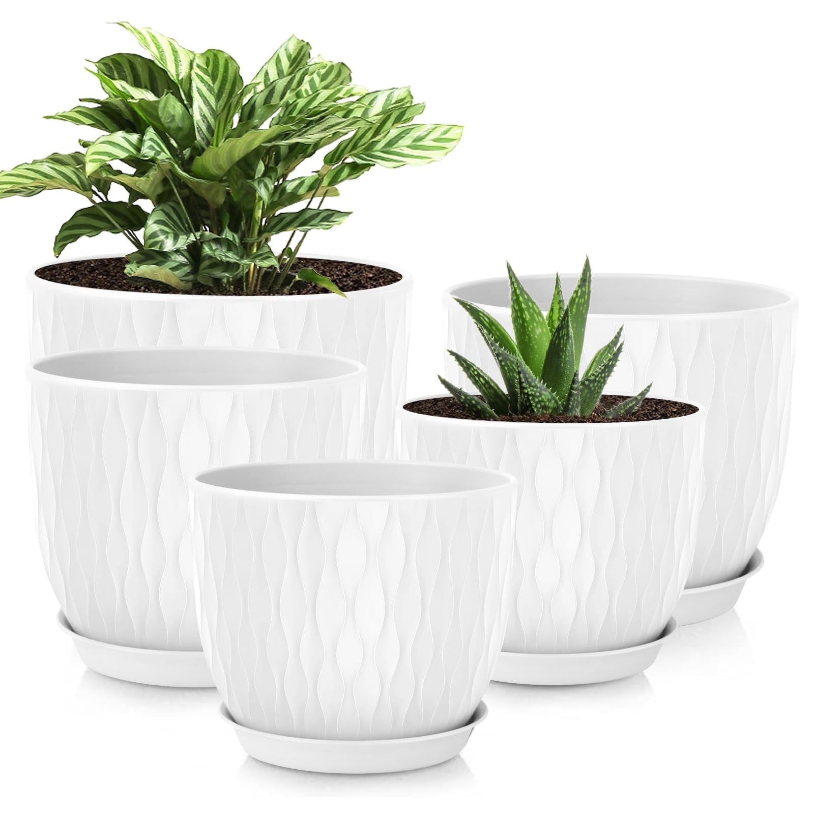 Set of 5 Plastic Plant Pots, 10 9 8 7.5 7 Inch Flower Planters with Drainage & Saucers, White