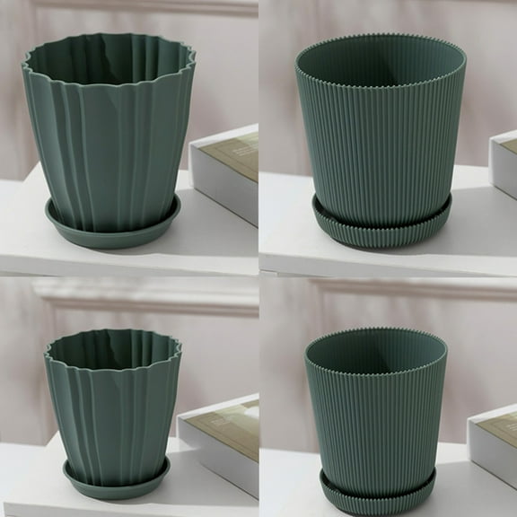 Plastic Plant Pots with Saucers, Set of 4 Green Abs Planters in Multiple Sizes with Drainage Trays, Lightweight & Durable for Indoor Herb Garden, Balcony Flowers, and Home Succulent