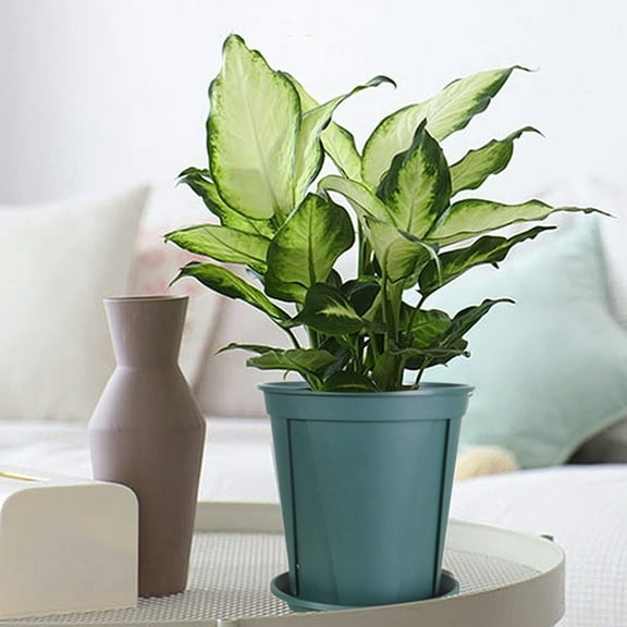 Plastic Plant Pots with Saucers, Indoor Outdoor Flower Pots with Drainage Holes for Herbs Succulents, Modern Decorative Garden Planter(Green)