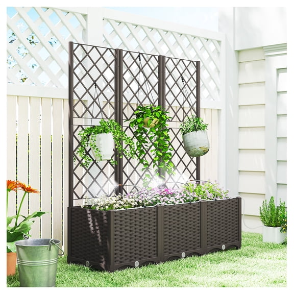 Plastic Planter Box with Trellis, 3-Piece Raised Garden Bed Kit, Self-Watering with Automatic Timer, Brown Rattan Style
