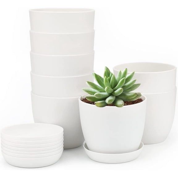 Plastic Planters Indoor Set of 8 Flower Plant Pots Decorative Gardening Pot with Drainage and Saucer for All House Plants, Herbs, Foliage Plant, and Seeding Nursery Pots (4.7", White)