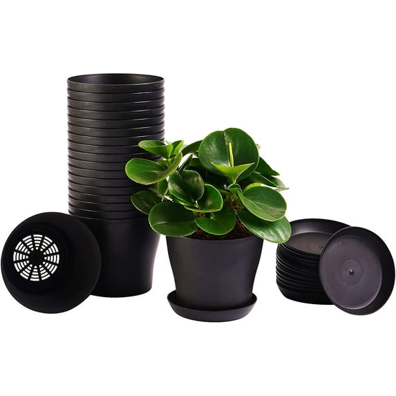 Plastic Planters Indoor Set of 8,Topboutique Flower Plant Pots Decorative Gardening Pot with Drainage and Saucer for All House Plants, Herbs, Foliage Plant, and Seeding Nursery Pots (4.7", Black)