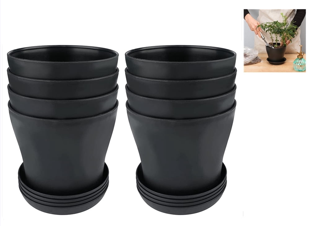 Plastic Planters Indoor Set of 8,Topboutique Flower Plant Pots Decorative Gardening Pot with Drainage and Saucer for All House Plants, Herbs, Foliage Plant, and Seeding Nursery Pots (5.5" / Black)