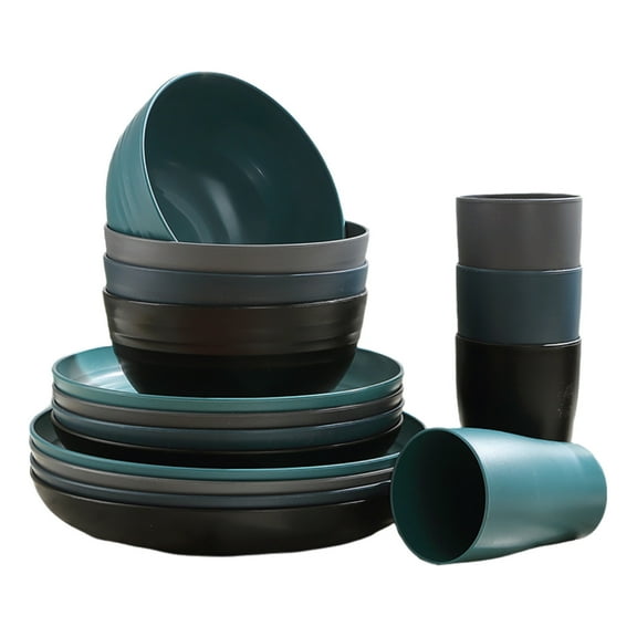 Plastic Plates and Bowls Sets,Dishware Sets for 8,High End Dark Colored Bowls Cups And Plates,16 Pieces Kitchen Dinnerware Set, Service for 8, Dinner Plates, Dessert Plate,Cups(Multicolor)