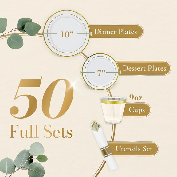 Disposable Dinnerware Set - 350 Pieces for 50 Guests, BPA-Free, Gold Rimmed Plates, Cups, Cutlery & Napkins