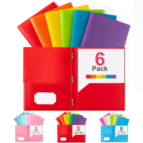 Plastic Pocket Folders with Prongs, 6 Pack Assorted Colors, 2 Pocket 3 Prong Folders for Office, Letter Size, Durable Tear Resistant, Multicolor