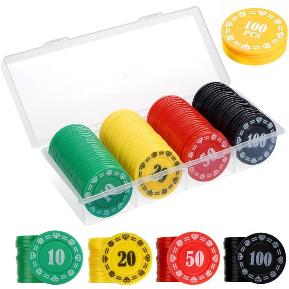 Plastic Poker Chips with Denomination, 100 Poker Chip Set with Storage Box, Printed Casino Style Chip for Texas Home Game Nights,Holdem Poker Nights,Blackjack