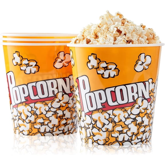 Plastic Popcorn Containers Retro Style Reusable Popcorn Buckets for Movie Night 7.1”x7.1”x5.1” - 4 Pack…