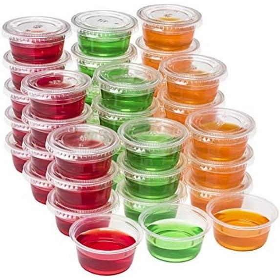 Plastic Portion Cups with Lids 2 oz. Pack of 150 Leakproof Jello Shot Cup Mini Containers for Salad Dressing Sauce Condiment Snack Souffle and Salsa, Disposable
